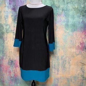 📌Beautiful Retro 70s Look Black - Teal Shift Dress with 3/4 Sleeves